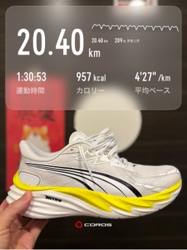 The image features a hand holding up the top of an Adidas running shoe, showing off its yellow stripe and white sole. The shoe appears to have a yellow tongue with white stripes on the side. Above this image, there is text providing information about the shoe's performance, including the distance it can cover in one run (20.4 km), the calorie count per stride (950), and the number of calories burned during each stride (49).