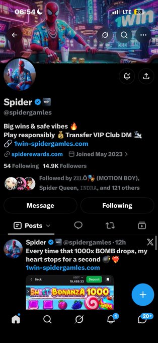 A Twitter/X profile page for a verified account named "Spider" (@spidergamles) shows a Spider-Man avatar and posts promoting "1win-spidergamles.com" with promotions for a "BONANZA 1000" slot game.