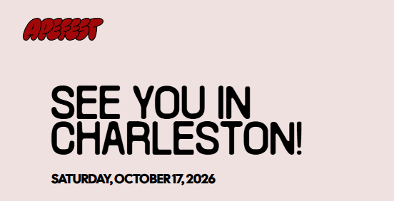 A promotional graphic with 'APBREW' logo reading 'SEE YOU IN CHARLESTON!' scheduled for 'SATURDAY, OCTOBER 17, 2026'.