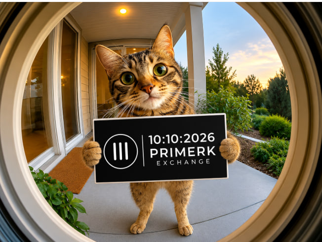 An AI-generated image of a tabby cat standing on its hind legs on a porch, holding a black sign that reads '10:10:2026 PRIMERK EXCHANGE' viewed through a fisheye lens.