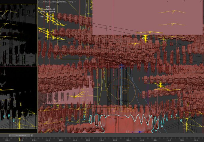A 3D viewport interface displaying a complex architectural scene rendered with red volumetric fog/clouds, yellow wireframe elements, and axis indicators at coordinates around 200-450 with "gn." related to the godrays/volumetric lighting setup. The text overlay reads "[+] [wcCamera018] [Standard] [Glow]" with "[Total]" label and "FPS" display at "534,720,000" while the bottom shows rendered terrain in red against a dark sky.