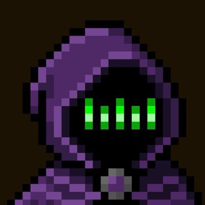 A pixel art image of a hooded figure in purple with a black face and green glowing eyes and teeth on a dark background.