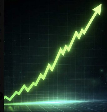 A stylized green line graph trending sharply upward with an arrowhead against a dark grid background, symbolizing rising growth or stock prices.