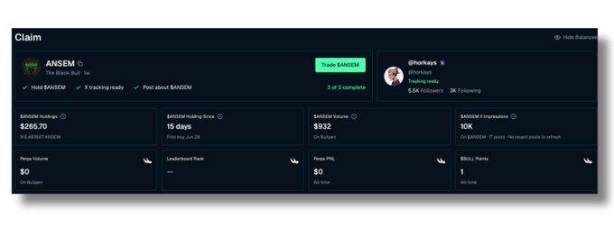A 'Claim' dashboard for the ANSEM cryptocurrency token showing market cap ($265.70), holding time (15 days), volume ($932), and impressions (10K), with a 'Trade $ANSEM' button.