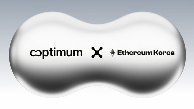 A promotional graphic displaying the logos for 'optimum', 'X', and 'Ethereum Korea' on a chrome-like, rounded background.