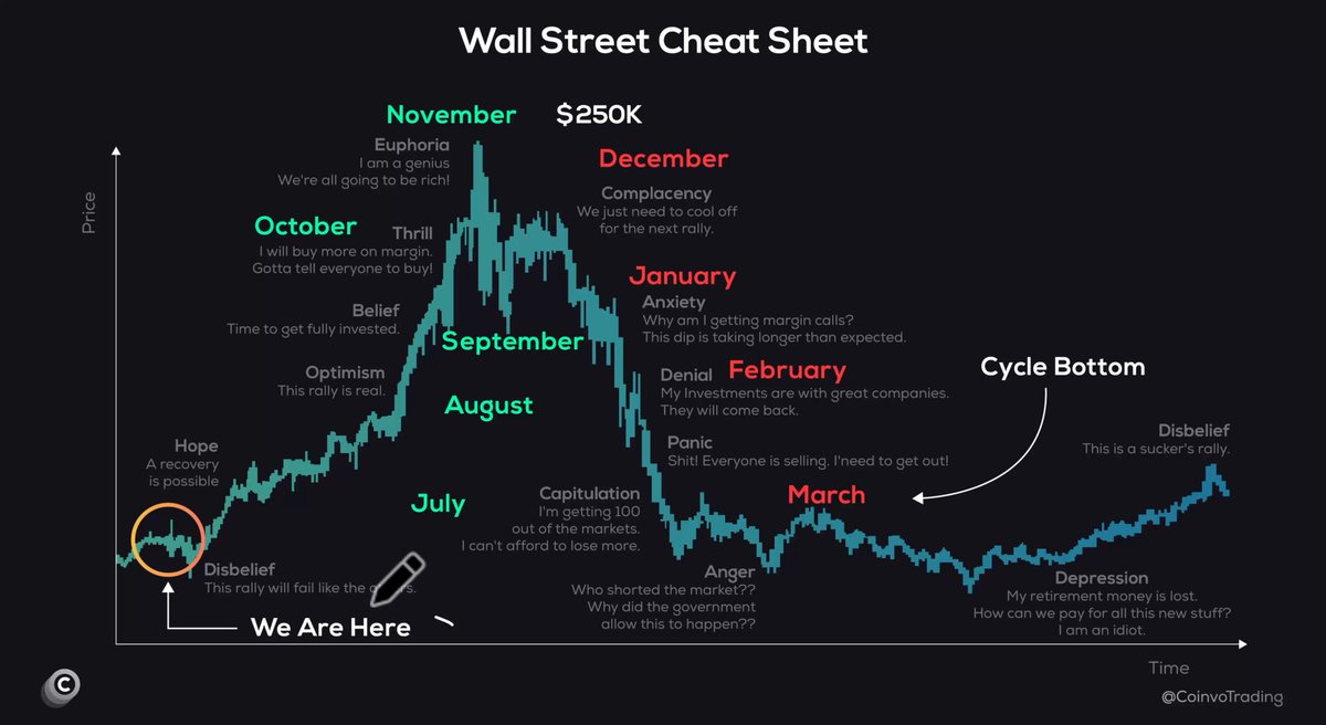 The image features a Wall Street Cheat Sheet with a chart illustrating the price of Bitcoin over time. The chart shows that there has been a massive bull run in Bitcoin prices since January, as indicated by the upward trend. However, the most recent crash happened recently due to the Bitcoin bubble burst, and now it seems like investors are facing the reality of a mass sell-off with Bitcoin hitting its lowest price point. The chart suggests that once the bottom is reached (which is at $250,000), the top will be in for only one way - up. This indicates that there is still time to sell Bitcoin before the market reaches the peak of the bubble.