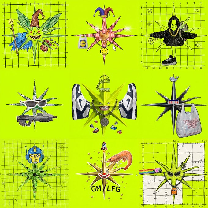 A 3x3 grid of eclectic mixed-media art pieces on a bright yellow-green background, featuring star/burst shapes combined with various objects like sneakers, jester hats, sunglasses, a shrimp, a toy gun, and grid paper backgrounds.