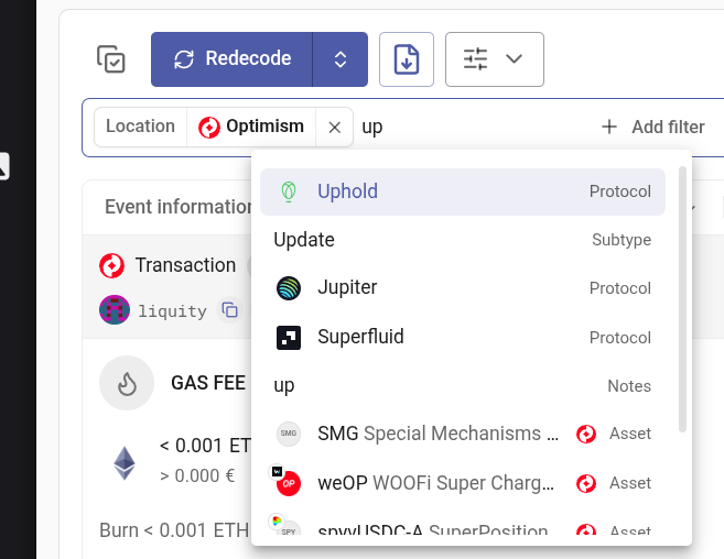 A screenshot of a crypto transaction interface showing filters for 'Location' and 'Optimism', with a dropdown menu displaying protocol options including 'Uphold', 'Jupiter', 'Superfluid', and asset tags like 'SMG Special Mechanisms' and 'weOP WOOFI Super Charg...'.