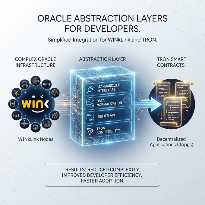 A technical infographic titled 'ORACLE ABSTRACTION LAYERS FOR DEVELOPERS' showing simplified integration between WINKLink Nodes, an Abstraction Layer, and TRON Smart Contracts for decentralized applications.