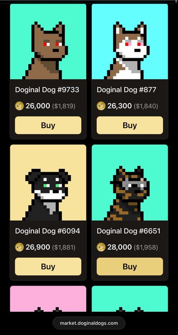 A mobile screen displays a marketplace called 'market.doginaldogs.com' featuring various pixel-art 'Doginal Dog' NFTs priced in Dogecoin, including Doginal Dog #9733 and Doginal Dog #877.