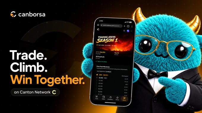 An advertisement for 'canborsa' featuring a blue furry mascot with horns and glasses next to a smartphone displaying a 'TRADING ARENA SEASON 1' interface, with text reading 'Trade. Climb. Win Together. on Canton Network'.