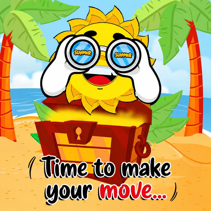 A cartoon sun wearing sunglasses labeled "SUMMER" holds binoculars over an open treasure chest on a tropical beach, with the text "Time to make your move..." displayed below. The image ties into the post's promotion of the $SUMMER presale launching in 2 hours, using the treasure chest and "time to make your move" tagline to urge viewers to act before the price rises from $0.7 to $1 for a 42% profit.