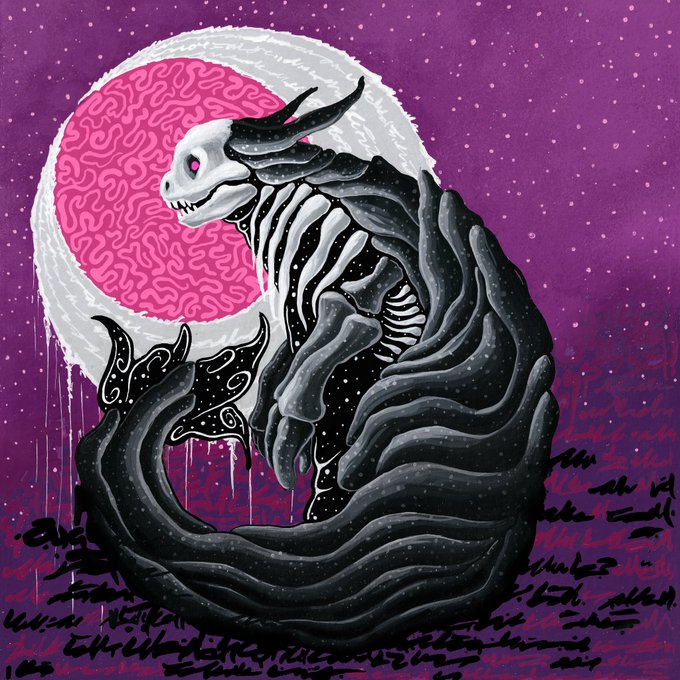 A detailed digital illustration of a black, skeletal, draconic creature with a skull head and horns, curled up in front of a pink, brain-patterned moon against a starry purple sky.