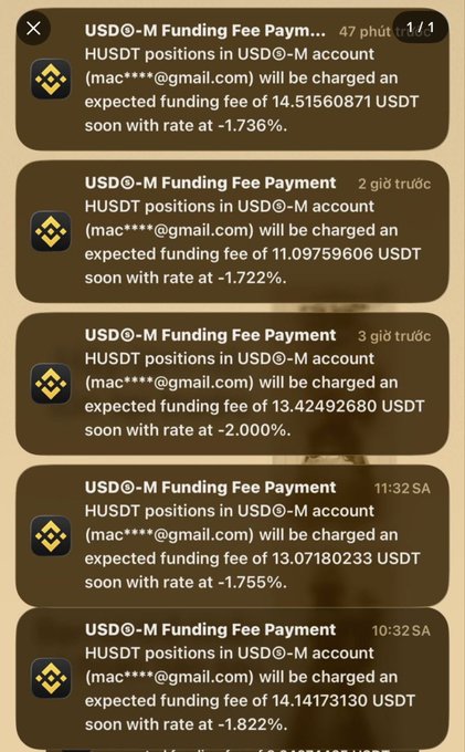 The image shows a group of text messages displayed in a messaging app, with the focus being on five separate messages related to USDT positions. The first message reads "USDT-M Funding Fee", followed by two others talking about funding fees and sending messages. One of these messages has a link titled "UDPT* payment". It is unclear whether this information belongs to the same conversation or a separate discussion, but it seems to be related to trading positions on USDT.