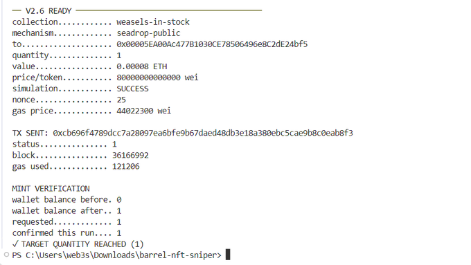 A terminal screenshot showing a successful NFT mint transaction for the 'weasels-in-stock' collection at 0.0008 ETH (800000000000 wei), with the barrel-nft-sniper tool confirming the target quantity was reached.