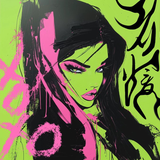 A vibrant pop art illustration of a woman with green skin, pink lips, and dramatic eye makeup, set against a bright green background with pink paint drips and graffiti-style marks.