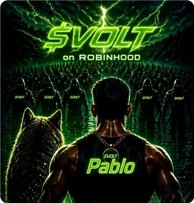 A stylized promotional image with green lightning effects featuring the text '$VOLT on ROBINHOOD', depicting a muscular figure labeled 'Pablo' wearing a $VOLT tank top with a chain, standing with a wolf-like dog in front of an army of hooded figures in a forest setting.