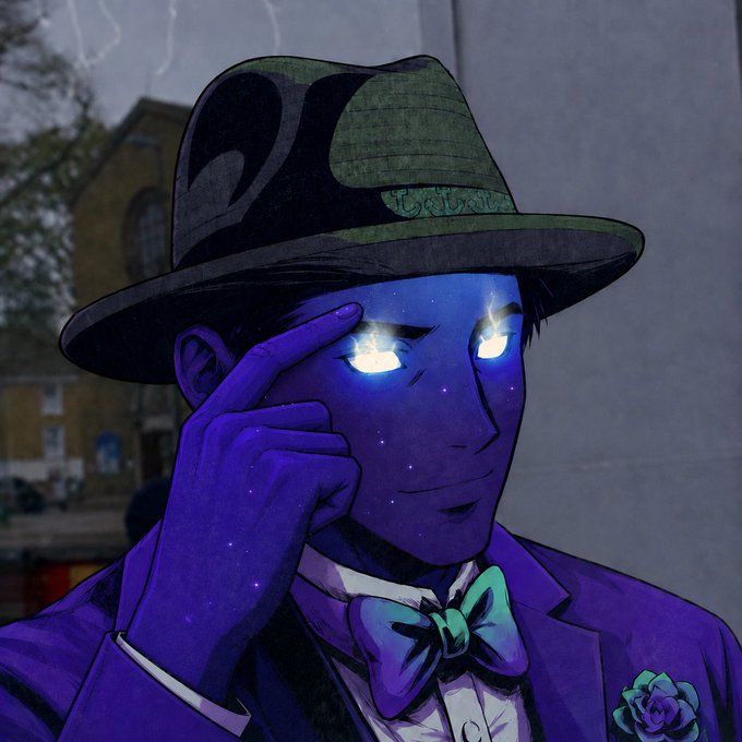 An anime-style character with glowing blue eyes, wearing a purple suit, green bow tie, and a green and black fedora, with a starry cosmic pattern on their face.