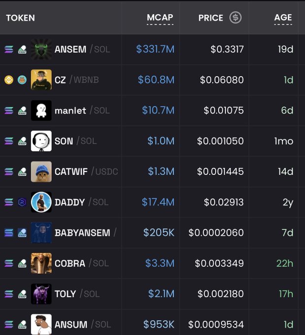 Crypto token market cap table listing tokens such as ANSEM/SOL ($331.7M), CZ/WBNB ($60.8M), manlet/SOL, SON/SOL, CATWIF/USDC, DADDY/SOL, BABYANSEM, COBRA/SOL, TOLY/SOL, and ANSUM/SOL with their prices and token ages.