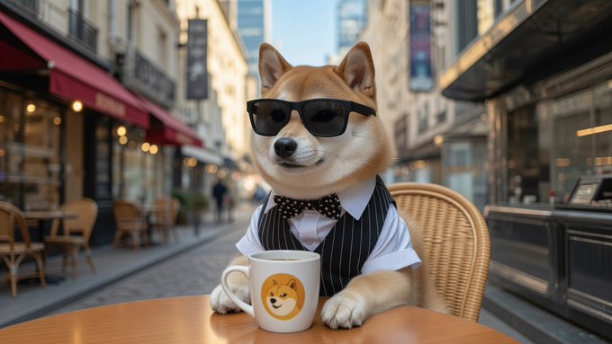 An AI-generated image of a Shiba Inu dog wearing sunglasses and a striped vest with a bowtie, sitting at an outdoor cafe table with a Shiba Inu logo mug.