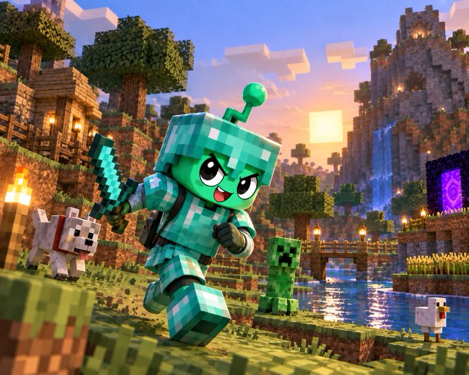 Minecraft-themed illustration featuring a chibi-style character in diamond armor holding a sword, standing in a blocky landscape with a dog, creeper, and chicken at sunset.