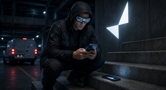 A person in dark clothing, a hood, and futuristic LED glasses crouches on concrete steps while using a smartphone, with an industrial parking structure and a van in the background.