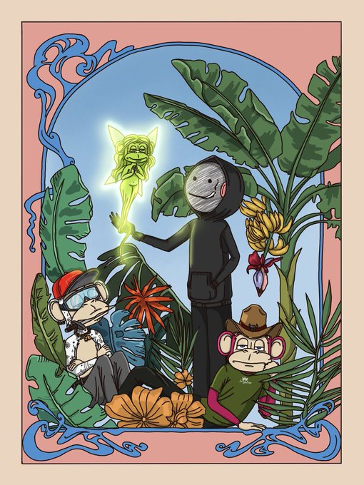 The image showcases a whimsical illustration featuring a hooded character with a smiley face mask holding a glowing green star with a face, alongside a monkey wearing a hat labeled with text, a banana, and lush tropical foliage—creative NFT artwork tied to the $BAYLA token launch as proof of prior creative work.