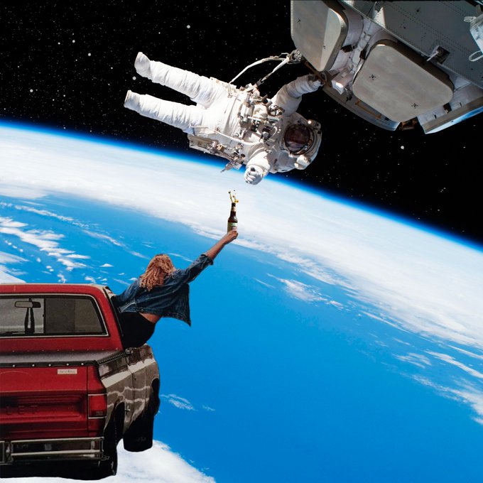 A surreal composite image showing a person leaning out of a red pickup truck floating in space, handing a beer to an astronaut above Earth.