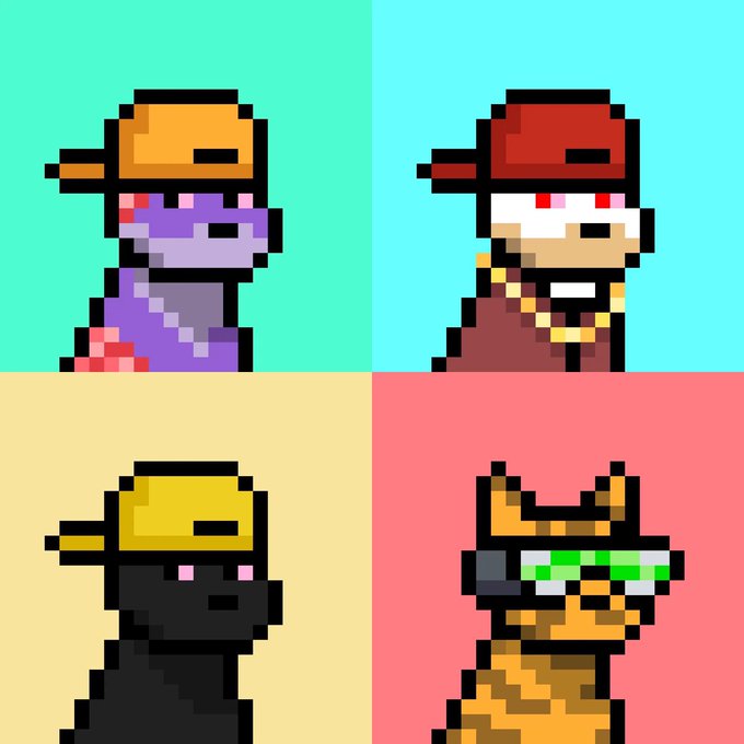 A pixel art image featuring four hippo characters wearing different colored baseball caps in a 2x2 grid on teal, blue, yellow, and pink backgrounds.
