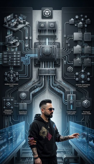 An AI-generated promotional image featuring a man in a hoodie standing before an elaborate technological backdrop displaying diagrams labeled with terms like "Audience interaction nodes," "Integrated measurement terminal," "Instant Settlement," "Authenticated entry gates," "Network participation nodes (users)," and "Privileged Access nodes."