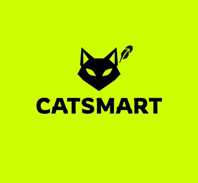 A logo for 'CATSMART' featuring a black cat face icon with a rocket symbol on a bright yellow-green background.
