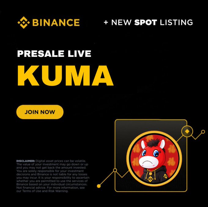 A Binance cryptocurrency advertisement announcing a 'PRESALE LIVE' for 'KUMA' featuring a red horse cartoon character mascot and a 'JOIN NOW' button.