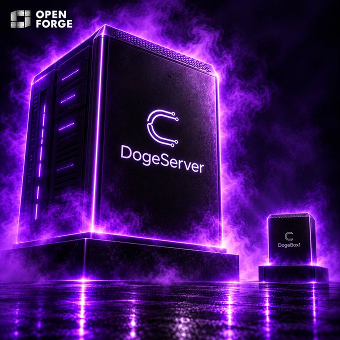 A dramatic purple-lit promotional image showcases a glowing "DogeServer" tower alongside a smaller "DogeBox1" unit, branded with the "OpenForge" logo, visually teasing the upcoming DogeServer launch mentioned in the post. The cyberpunk-style servers, enveloped in misty purple fog, emphasize the imminent release teased alongside Cysic 2.0.