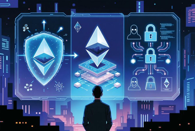 An illustration of a person viewing a large digital screen displaying an Ethereum (ETH) logo inside a shield, alongside security padlock icons and other crypto symbols.