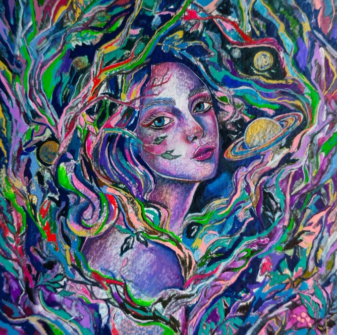 Vibrant, colorful digital artwork depicting a woman's face surrounded by swirling, abstract organic shapes in purple, green, pink, and blue hues with planetary elements.