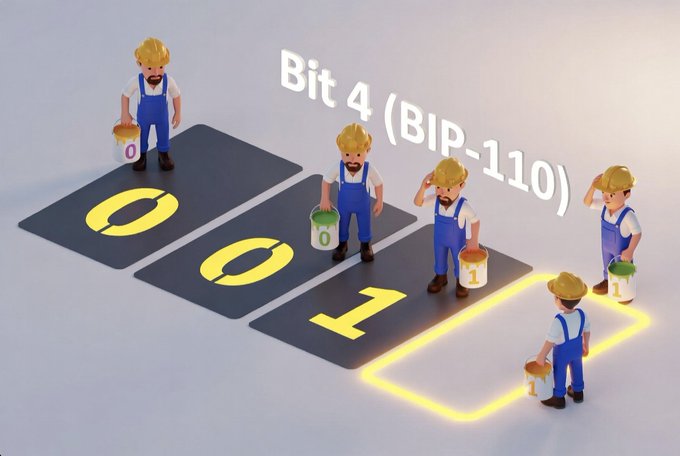 An isometric 3D illustration titled "Bit 4 (BIP-110)" depicts construction-worker miners holding paint buckets marked "0" and "1" on numbered parking-space tiles, visually representing the bit-flip signaling mechanism in Bitcoin's block header version field, with the text building on the post's explanation of the fixed 0-0-1 prefix and 29 remaining signaling bits.