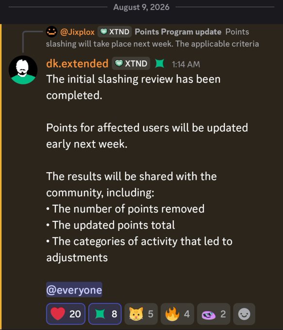 Discord chat interface dated August 9, 2026, showing messages from @Jixplox and dk.extended discussing an "XTND Points Program update" regarding initial slashing review completion.