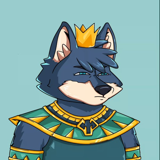 An illustration of an anthropomorphic wolf or fox character with dark blue fur, wearing a green and gold tunic and a small golden crown, set against a teal background.