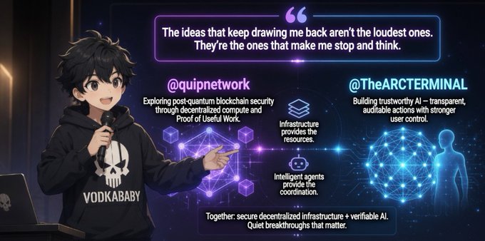 An anime-style character wearing a 'VODKABABY' hoodie presents a graphic promoting @quipnetwork's post-quantum blockchain security and @TheARCTERMINAL's trustworthy AI, emphasizing decentralized infrastructure.
