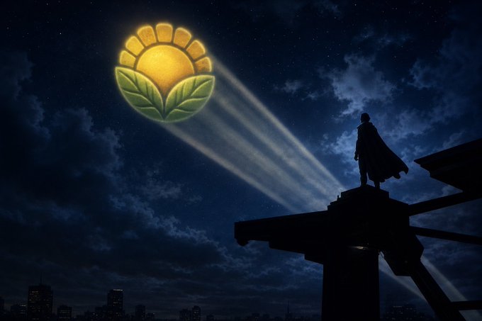A silhouette of a caped figure standing on a high beam at night, looking toward a glowing yellow sunflower-shaped logo in the sky that beams light downward.