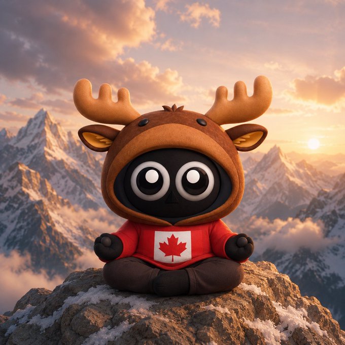 A cute black character wearing a moose costume and a red shirt with a Canadian flag, sitting on a snowy mountain peak at sunset.