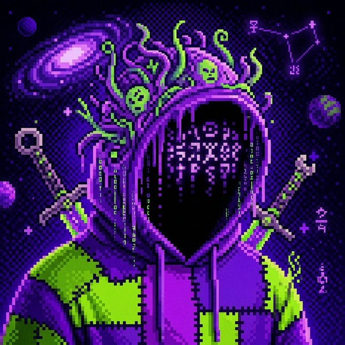 Pixel art illustration of a hooded figure with a glitchy face and green skulls, set against a cosmic background with swords, planets, and runic symbols.