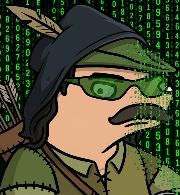 An anime-style illustration of a character wearing a dark hat, green sunglasses, and a green tunic with arrows on their back, with green digital numbers cascading from their mouth like the Matrix.