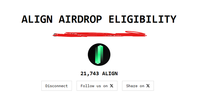 The image displays an "ALIGN AIRDROP ELIGIBILITY" page showing a user has been allocated 21,743 ALIGN tokens from the AlignedLayer airdrop, which the post confirms was announced to launch today at 3 PM UTC.