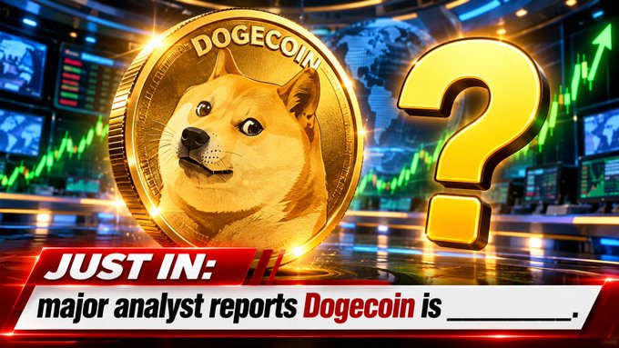 A gold Dogecoin coin featuring the Shiba Inu dog sits prominently in the center of a trading-floor scene, flanked by a large glowing question mark. The bold "JUST IN:" banner reads "major analyst reports Dogecoin is _______," with a blank line prompting viewers to guess the headline, visually echoing the uncertainty and speculative buzz surrounding DOGE.