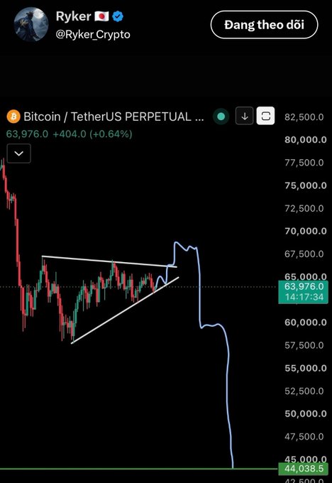 A Twitter/X post by Ryker (@Ryker_Crypto) showing a Bitcoin/TetherUS perpetual futures chart with technical analysis lines and a dramatic price drop drawn in blue, currently at 63,976.0 (+0.64%).