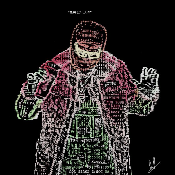 The image is an ASCII art-style portrait of a man wearing a beanie, sunglasses, and a jacket, rendered in pink and green text and symbols, titled "MAGIC DON" at the top. The caption connects to the post's theme of creating art without a fixed deadline—the glitchy, text-based "art" reflects the idea that the creator drops their work only when it's fully finished.
