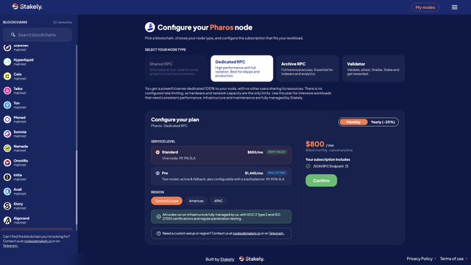 Stakey platform interface for configuring a Pharos Dedicated RPC node service, selecting region and pricing tiers such as Standard and Pro.