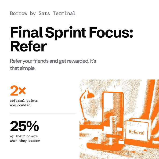 A "Borrow by Sats Terminal" promotional graphic titled "Final Sprint Focus: Refer" featuring orange halftone illustrations of a desk, laptop, and a "Referral" folder, highlighting that referral points are now doubled (2x) and that referrers earn 25% of points when their friends borrow—visually reinforcing the post's message about earning rewards through referrals.