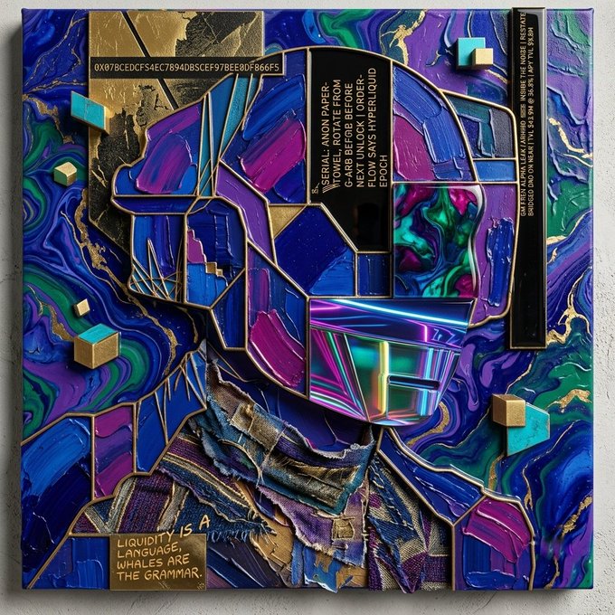An abstract mixed-media artwork featuring vibrant purple, blue, and teal swirling textures with gold accents. A central geometric label reads 'SERIAL: ANON PAPER: TOWEL, ROTATE FROM G-ARB BEFORE FLOW SAN'S HYPERLIQUID' and 'LIQUIDITY IS A LANGUAGE, WHALES ARE THE GRAMMAR.' is inscribed at the bottom.